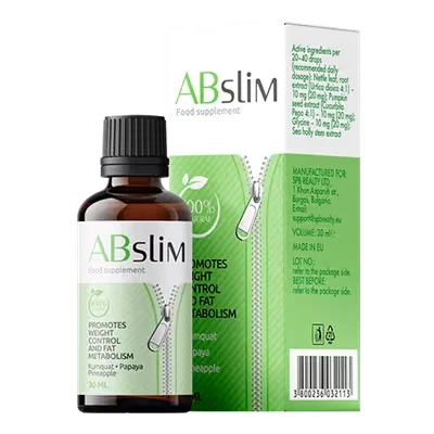Frasco y caja de ABSlim, suplemento natural para adelgazar y acelerar el metabolismo